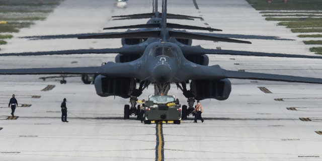 Four B-1B Lancers assigned to the 9th Expeditionary Bomb Squadron arrive at Andersen AFB, Guam. (U.S. Air Force photo/Tech. Sgt. Richard P. Ebensberger)