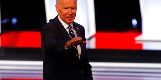Former Vice President Joe Biden waves after the second of two Democratic presidential primary debates hosted by CNN Wednesday, July 31, 2019, in the Fox Theatre in Detroit. (AP Photo/Paul Sancya)