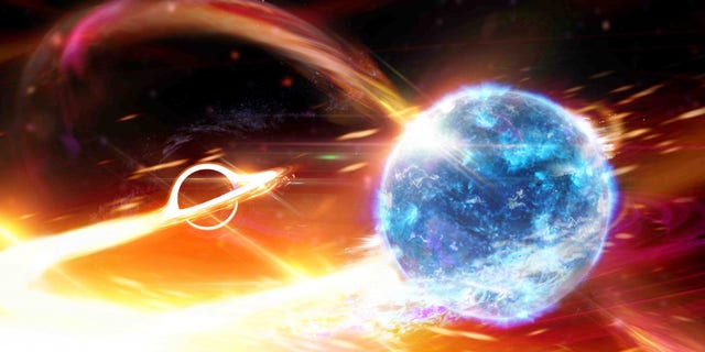 Artist's impression of a black hole about to swallow a neutron star.