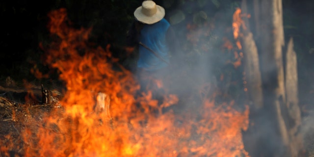 A man works in a burning tract of Amazon jungle as it is being cleared by loggers and farmers in Iranduba, Amazonas state, Brazil August 20, 2019. 