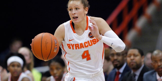 FILE - In this Jan. 23, 2019, file photo, Syracuse's Tiana Mangakahia dribbles down court in the second quarter of an NCAA basketball game against Miami in Syracuse, N.Y. (AP Photo/Nick Lisi, File)