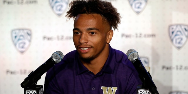 Washington defensive back Myles Bryant answers questions during the Pac-12 Conference NCAA college football Media Day Wednesday, July 24, 2019, in Los Angeles. (AP Photo/Marcio Jose Sanchez)