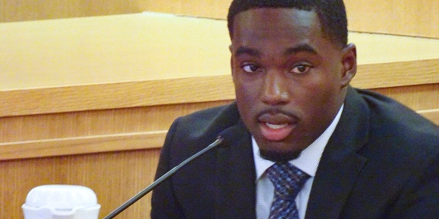 FILE - In this Aug. 2, 2019, file photo, former Wisconsin football player Quintez Cephus testifies during his trial in Madison, Wis. Cephus says going back to school is his top priority after a jury found him not guilty last week of sexual assault charges. The wide receiver tells the Milwaukee Journal Sentinel in a story published Tuesday, Aug. 6 that he doesn't know if he will return to the University of Wisconsin or another college. (Ed Treleven/Wisconsin State Journal via AP, File)