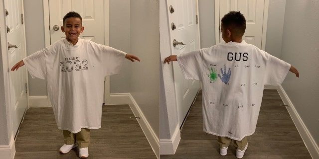 “The concept is that every year on the first day we take a picture of him in it and by his senior year he will fit in the shirt and we’ll get to go through every school year photo and watch his growth,” proud mom Carina Cansino descrbied her son Gus' special shirt.