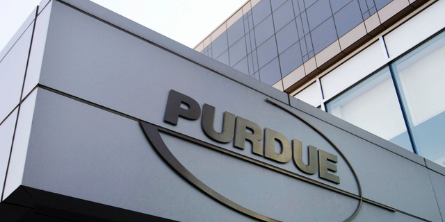 The Purdue Pharma logo in its offices in Stamford, Connecticut, 2007. (Photo AP / Douglas Healey, File)