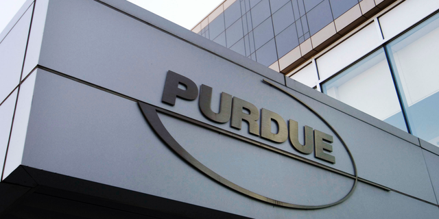 The Purdue Pharma logo at its offices in Stamford, Conn., back in 2007. (AP Photo/Douglas Healey, File)