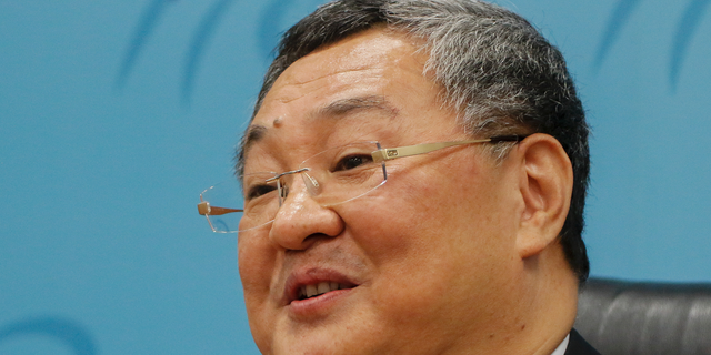 Director of the foreign ministry's Arms Control Department, Fu Cong speaks during a press conference at the Ministry of Foreign Affair building in Beijing, Tuesday, Aug. 6, 2019. China said Tuesday it "will not stand idly by" and will take countermeasures if the U.S. deploys intermediate-range missiles in the Indo-Pacific region, which it plans to do within months. (AP Photo/Christopher Bodeen)