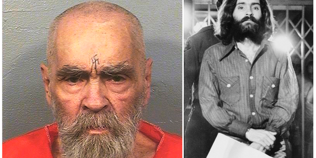 Charles Manson on Aug. 14, 2017, left, and on Dec. 22, 1969, right, leaving a Los Angeles courtroom. Manson died in prison on Nov. 19, 2017. (California Department of Corrections and Rehabilitation, left, and Wally Fong, right, via AP, File)
