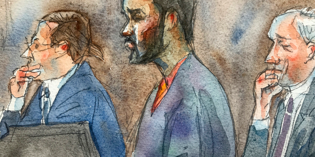 In this courtroom sketch, R&B singer R. Kelly, center, listens in federal court with his attorneys Doug Anton, left, and Steve Greenberg during his arraignment, Friday, Aug. 2, 2019 in New York. Kelly pleaded not guilty to federal charges he sexually abused women and girls. The 52-year-old Kelly was denied bail in a Brooklyn courtroom packed with his supporters. (Aggie Kenny via AP)
