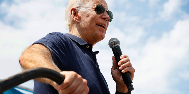 Democratic presidential candidate former Vice President Joe Biden speaks at the Des Moines Register Soapbox during a visit to the Iowa State Fair, Thursday, Aug. 8, 2019, in Des Moines, Iowa. (AP Photo/Charlie Neibergall)