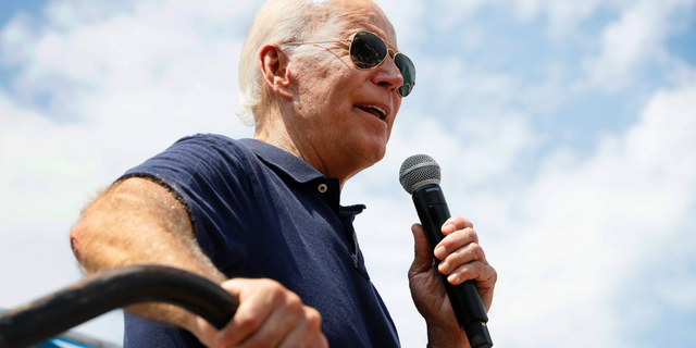 Democratic presidential candidate former Vice President Joe Biden speaks at the Des Moines Register Soapbox during a visit to the Iowa State Fair, Thursday, Aug. 8, 2019, in Des Moines, Iowa. (AP Photo/Charlie Neibergall)