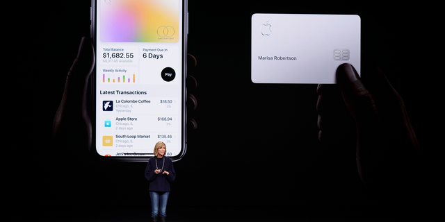 FILE- In this March 25, 2019, file photo, Jennifer Bailey, vice president of Apple Pay, speaks about the Apple Card at the Steve Jobs Theater during an event to announce new products in Cupertino, Calif. The Apple-branded credit card that’s designed primarily for mobile use will start rolling out on Tuesday, Aug. 6. (AP Photo/Tony Avelar, File)