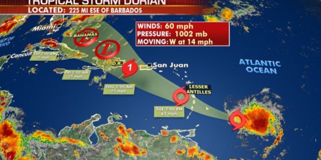 The forecast track of Tropical Storm Dorian.