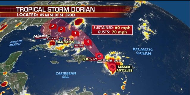 The forecast track of Tropical Storm Dorian.