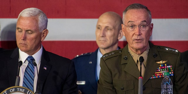 Marine Corps Gen Joe Dunford, chairman of the Joint Chiefs of Staff, delivers remarks at the sixth meeting of the National Space Council, Tuesday, Aug. 20, 2019.