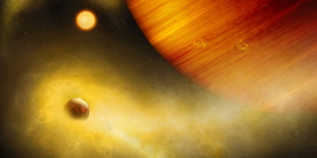 Artist's composition of a volcanic exo-Io undergoing extreme mass loss. The hidden exomoon is enshrouded in an irradiated gas cloud shining in bright orange-yellow, as would be seen with a sodium filter. Patches of sodium clouds are seen to trail the lunar orbit, possibly driven by the gas giant's magnetosphere. (Credit: University of Bern, Roger Thibaut)