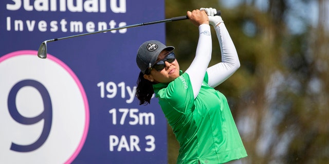 Jane Park of the US tees off at the 9th hole during day one of the Ladies Scottish Open, at The Renaissance Club, in North Berwick, Scotland, Thursday, Aug. 8, 2019. (Kenny Smith PA via AP)