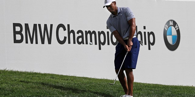 Tiger Woods chips an approach shot on the 12th hole during the pro-am round of the BMW Championship golf tournament at Medinah Country Club, Wednesday, Aug. 14, 2019, in Medinah, Ill. (AP Photo/Nam Y. Huh)