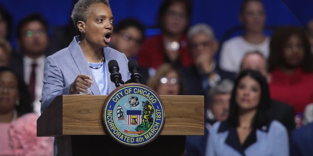 CHICAGO, ILLINOIS - MAY 20: Lori Lightfoot addresses guests after being sworn in as Mayor of Chicago during a ceremony at the Wintrust Arena on May 20, 2019 in Chicago, Illinois. Lightfoot become the first black female and openly gay Mayor in the city’s history. (Photo by Scott Olson/Getty Images)
