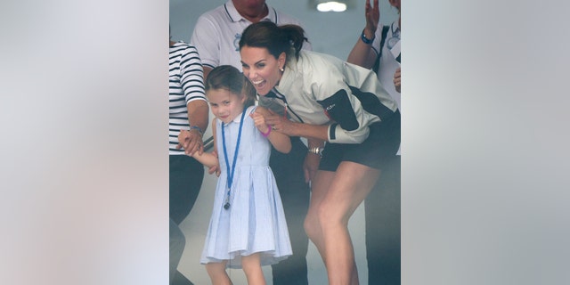 Princess Charlotte and Catherine, Duchess of Cambridge attend the presentation following the King's Cup Regatta on Aug. 8, 2019 in Cowes, England. (Photo by Samir Hussein/WireImage)