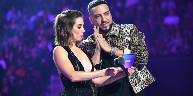 Alison Brie and French Montana onstage during the 2019 MTV Video Music Awards at Prudential Center on Aug. 26, 2019 in Newark, N.J. (Photo by Jeff Kravitz/FilmMagic via Getty Images)