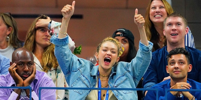 Gigi Hadid watches the match between Serena Williams and Catherine McNally at the US Open 2019 at USTA National Tennis Center Billie Jean King on August 28, 2019 in New York.