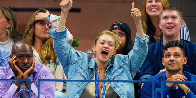 Gigi Hadid watches the match between Serena Williams and Catherine McNally at the US Open 2019 at USTA National Tennis Center Billie Jean King on August 28, 2019 in New York.