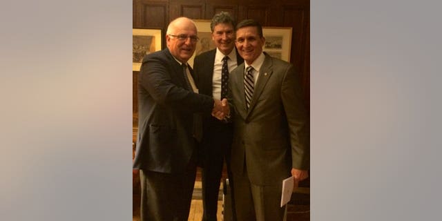 Sir Richard Dearlove (left), Christopher Andrew (center), then-DIA Director Michael Flynn (right), at Cambridge University, Feb. 28, 2014. (Svetlana Lokhova)