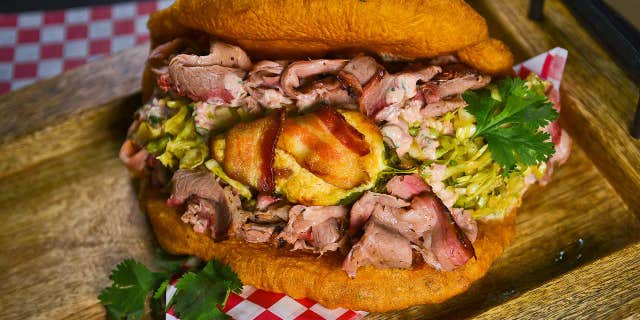 “The Chief,” from the Rib Shack, featuring Navajo BBQ fried bread around smoked beef brisket (or smoked pork) with a cilantro-lime slaw, was one of the two runners-up for Best New Food.
