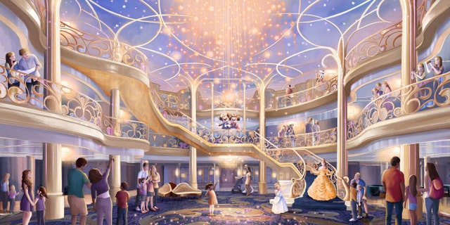 An illustrated rendering of the atrium of the future Disney Wish ship. (Disney)