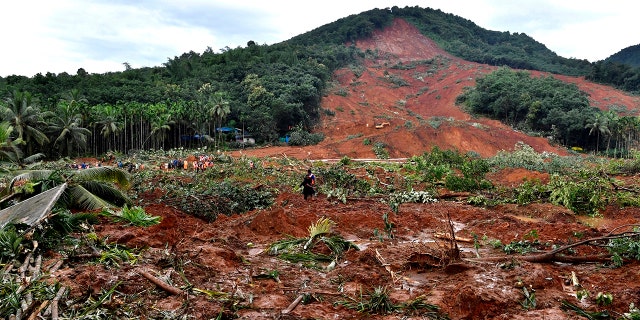 A landslide site in Kavalappara, Malappuram district, Kerala, during a visit by Congress party leader Rahul Gandhi on Sunday. (Rahul S. Ravi/All India Congress Committee via AP)