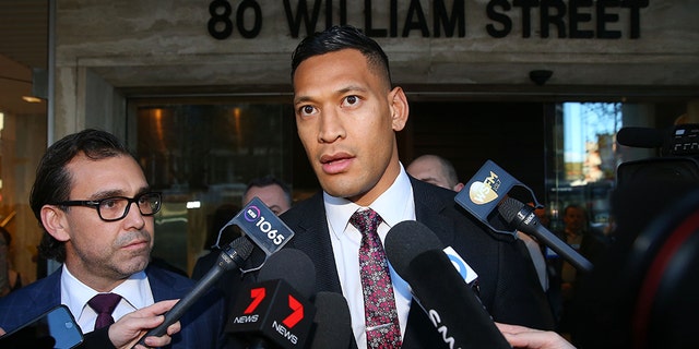 Israel Folau speaks to media following his conciliation meeting with Rugby Australia at Fair Work Commission on June 28, 2019 in Sydney, Australia. 