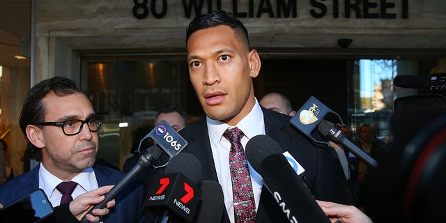 Israel Folau speaks to media following his conciliation meeting with Rugby Australia at Fair Work Commission on June 28, 2019 in Sydney, Australia.