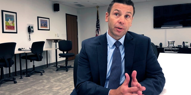 Kevin K. McAleenan, U.S. acting secretary of Homeland Security, speaks Tuesday, Aug. 13, 2019, at a federal building in Jackson, Miss. McAleenan said “violent white supremacist ideology” is fueling some domestic terrorism. (AP Photo/Emily Wagster Pettus)