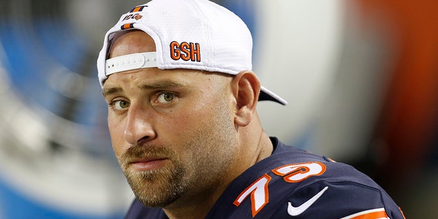 CHICAGO, ILLINOIS - AUGUST 08: Kyle Long #75 of the Chicago Bears sits on the bench during the second quarter of a preseason game against the Carolina Panthers at Soldier Field on August 08, 2019 in Chicago, Illinois. (Photo by Nuccio DiNuzzo/Getty Images)