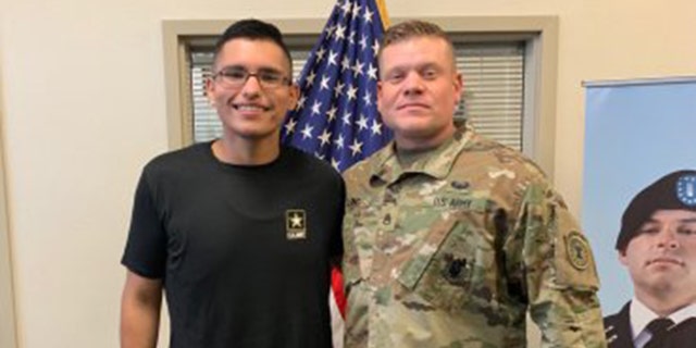 Luis Enrique Pinto Jr., 18, who lost 113 pounds over a seven-month period, and his recruiter, Staff Sgt. Philip Long. (Photo courtesy U.S. Army)
