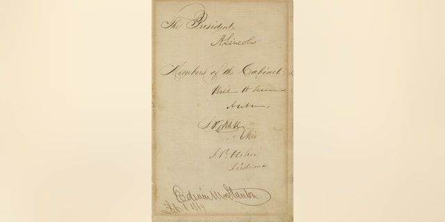 President Lincoln and his entire Cabinet gave their autographs to be auctioned to benefit the event. Signing were President Lincoln, Secretary of State William Seward, Secretary of the Treasury, Salmon Chase, Secretary of the Interior J.P. Usher of Indiana, Secretary of War Edwin. M. Stanton, Navy Secretary Gideon Welles, and Postmaster General Montgomery Blair.