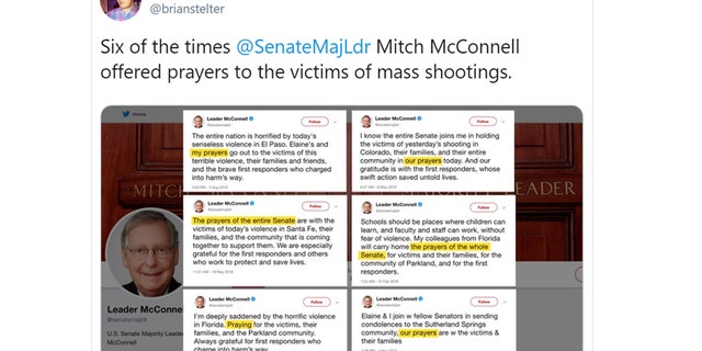 CNN's Brian Stelter criticized McConnell for offering prayers after recent mass shootings.