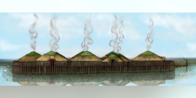 Illustrated reconstruction of Must Farm stilt houses.