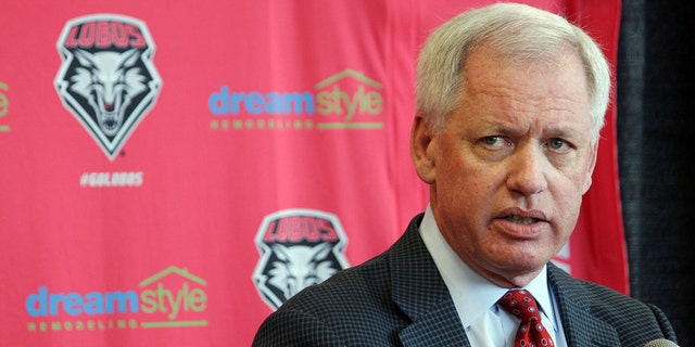 FILE - In this May 3, 2017, file photo, then-University of New Mexico athletics director Paul Krebs answers questions during a news conference in Albuquerque, N.M. Documents filed Wednesday, Aug. 21, 2019, in state district court show that a grand jury indicted the Krebs, 63, on embezzlement, larceny, and tampering charges in connection with an investigation into questionable spending by the school's troubled athletics department. (AP Photo/Susan Montoya Bryan, File)
