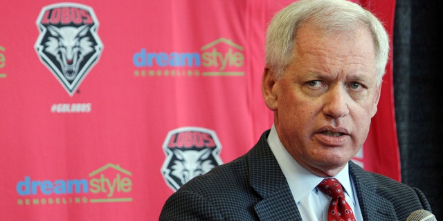 FILE - In this May 3, 2017, file photo, then-University of New Mexico athletics director Paul Krebs answers questions during a news conference in Albuquerque, N.M. Documents filed Wednesday, Aug. 21, 2019, in state district court show that a grand jury indicted the Krebs, 63, on embezzlement, larceny, and tampering charges in connection with an investigation into questionable spending by the school's troubled athletics department. (AP Photo/Susan Montoya Bryan, File)