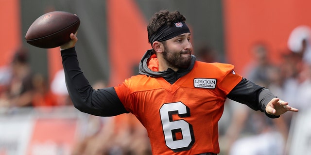 Cleveland Browns quarterback Baker Mayfield throws during practice at the NFL football team's training camp facility, Friday, July 26, 2019, in Berea, Ohio. (AP Photo/Tony Dejak)