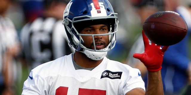 FILE - In this May 20, 2019, file photo, New York Giants wide receiver Golden Tate makes a catch during an NFL football practice in East Rutherford, N.J. Golden Tate has had the appeal of his four-game suspension for a violation of the NFL's policy on performance enhancers turned down. The decision by an independent arbiter was announced Tuesday, Aug. 13, 2019, and means the 10-year-veteran will miss the first four games of the regular season, starting with Dallas on Sept. 8. (AP Photo/Adam Hunger, File)