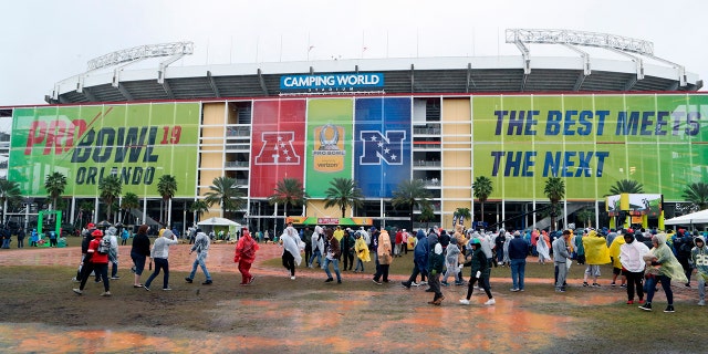 FILE - This Jan. 27, 2019, file photo shows a general view exterior of Camping World Stadium before the NFL Pro Bowl football game in Orlando, Fla. The Pro Bowl will return to Orlando for the fourth straight year and be held one week before the Super Bowl. The NFL's all-star game will be an afternoon match at 3 p.m. on Sunday, Jan. 26. (AP Photo/Gregory Payan, File)