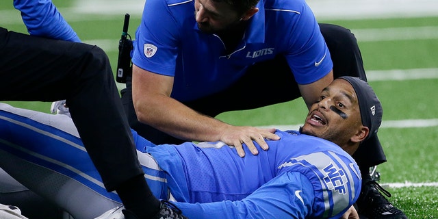 Detroit Lions wide receiver Jermaine Kearse is examined during the first half of the team's preseason NFL football game against the New England Patriots, Thursday, Aug. 8, 2019, in Detroit. (Associated Press)