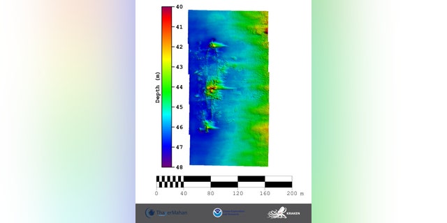 Bathymetric image of the shipwreck, developed from data collected using the KATFISH system on the Okeanos Explorer on July 18, 2019.