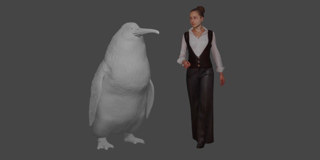 This illustration provided by the Canterbury Museum shows the approximate height of a giant penguin, a "crossvallia waiparensis," next to a human being.