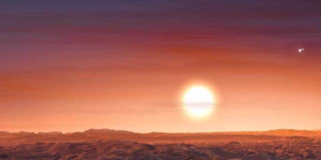 Artist's impression of Proxima b, which, like newly discovered exoplanet LTT 1445 A b, also has three stars in its sky.
