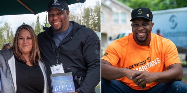 Robert Bogus III and his wife, Hilary, at the Operation Heal Our Patriots retreat in Alaska in 2014 on the left, Bogus volunteering with Team Patriot in Texas, helping families hit by Hurricane Harvey in August 2019.