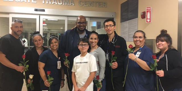 Ruben Martinez, 11, brought roses to the doctors and nurses at University Medical Ceter ER where some of the victims from Saturday's shooting in El Paso, Texas are located. Ruben started the "#elpasoCHALLENGE" encouraging everyone in the city to do at least 20 random acts of kindness.